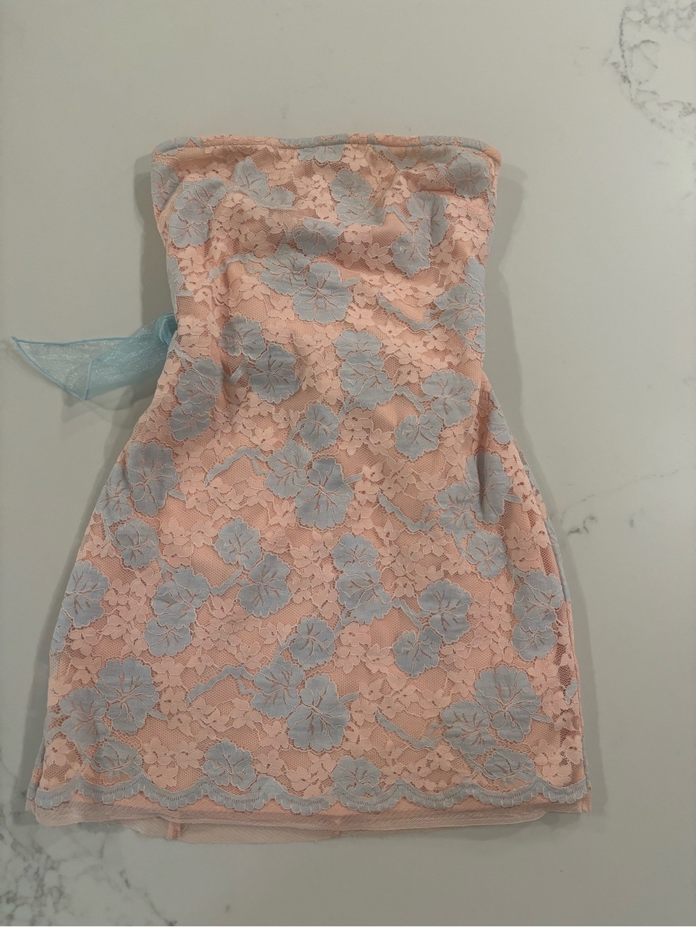 Lucy in the Sky Peach Strapless Dress with Light Blue Floral Lace